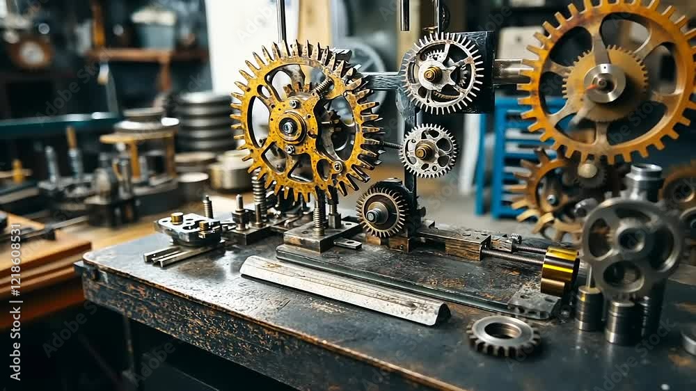Intricate clockwork mechanism, detailed gears and metallic components on a dark workbench.