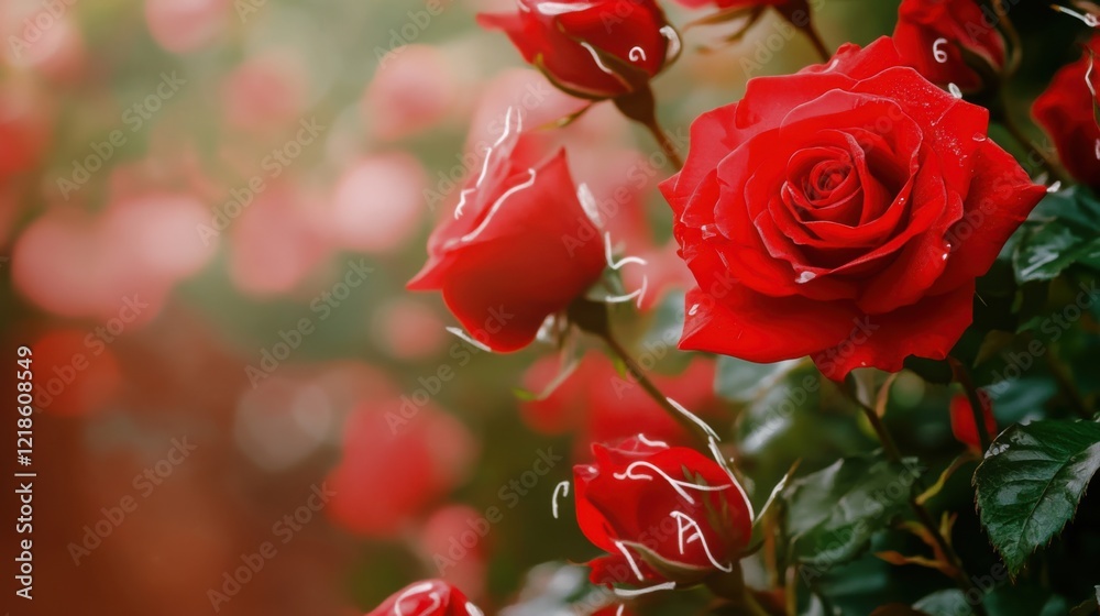 Vibrant Red Roses in Bloom Surrounded by Lush Green Foliage in a Garden Setting Vibrant Red Roses in Bloom Surrounded by Lush Green Foliage in a Garden Setting