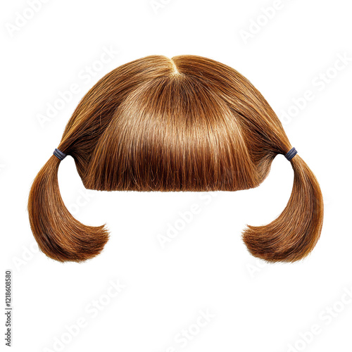A brown wig featuring two playful ponytails, perfect for various uses, isolated on a transparent background. PNG