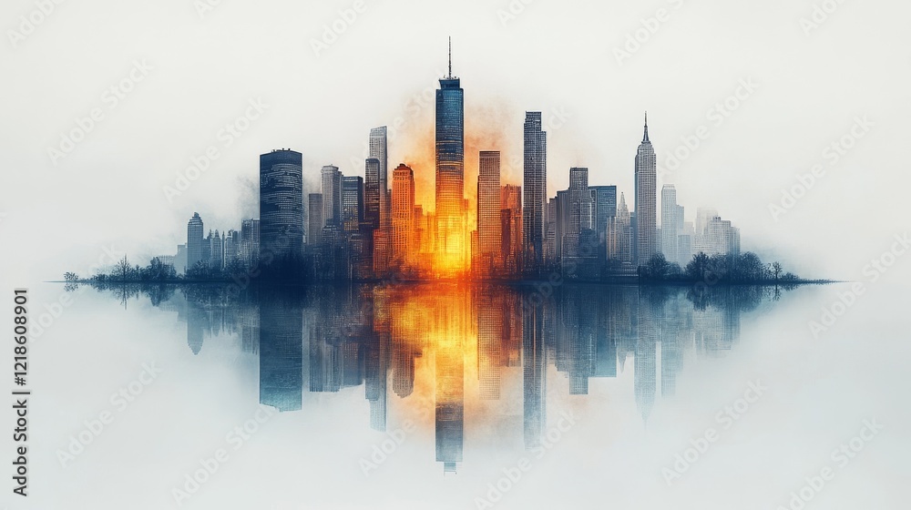 Obraz premium Cityscape sunrise reflection, urban skyline, hazy, orange glow.