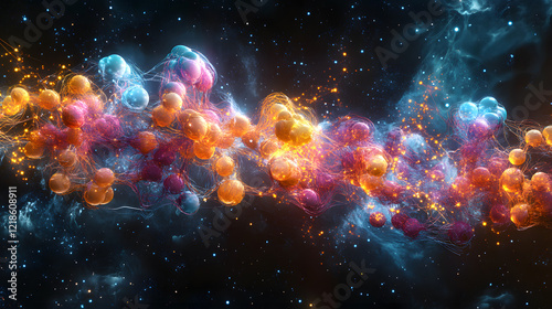 A colorful molecular network, showcasing a detailed 3D protein model surrounded by abstract glowing energy lines, during a digital simulation