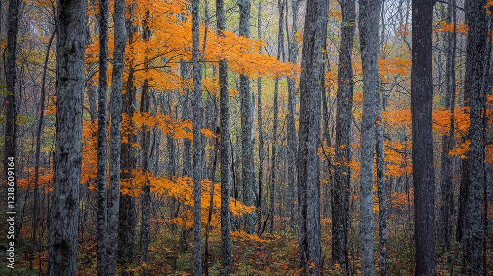 Fototapeta premium Dense woodland during autumn, sunlight filtering through orange leaves, serene quiet, and vibrant forest hues.