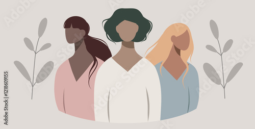 Women's Day. Equality Day. March 8. Illustration in soft pastel palette. Women of different skin colors stand together and look forward. Feminism. Gender equality and women's empowerment