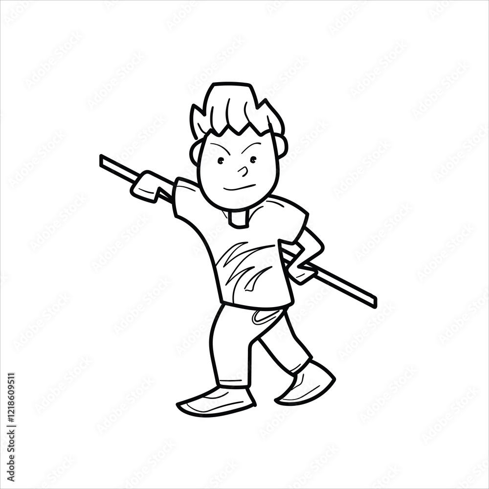 illustration of a child playing with sticks, cartoon, black and white, good for children's coloring teaching materials, vector format illustration of a child playing with sticks, cartoon, black and white, good for children's coloring teaching materials, vector format