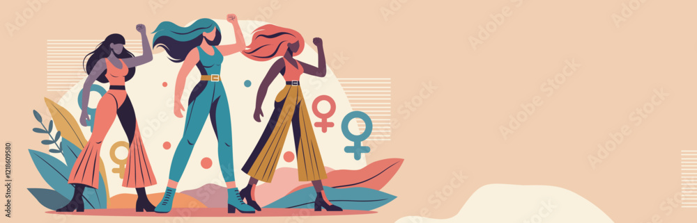 Women's month. Women's day. Equality day. Different women, different cultures and skin colors stand together and look forward. Feminism. Gender equality and women's empowerment. Vector banner Women's month. Women's day. Equality day. Different women, different cultures and skin colors stand together and look forward. Feminism. Gender equality and women's empowerment. Vector banner