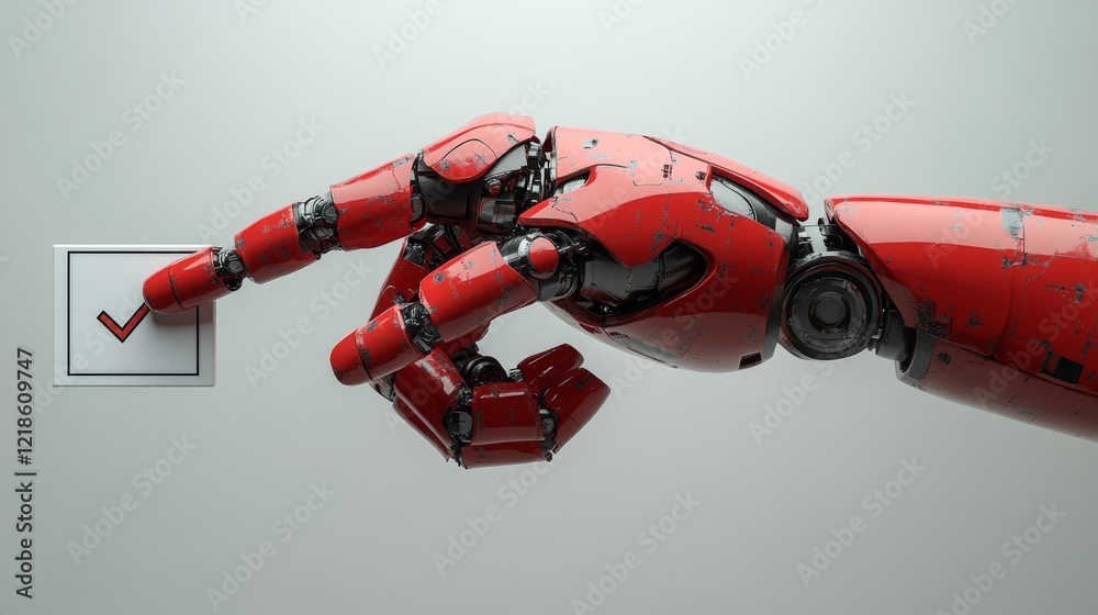 Naklejka premium Red robotic hand pointing at a checkmark.