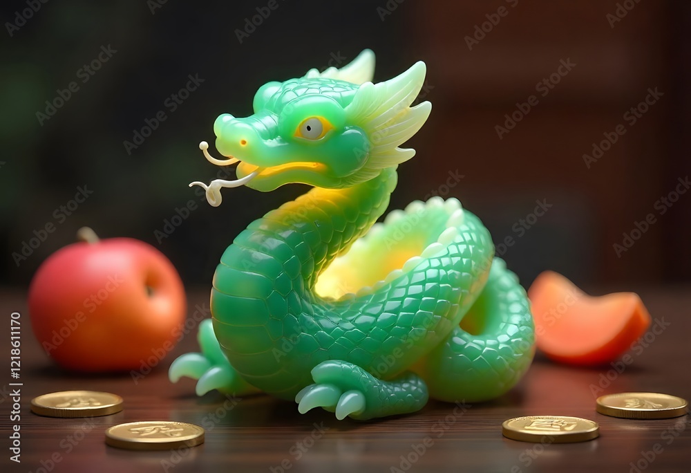Fototapeta premium Jade Dragon Figurine: Illuminated Green Sculpture with Fruit and Coins