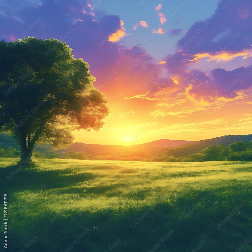 Fototapeta premium Breathtaking sunrise over tranquil meadow with a lone tree and vibrant sky