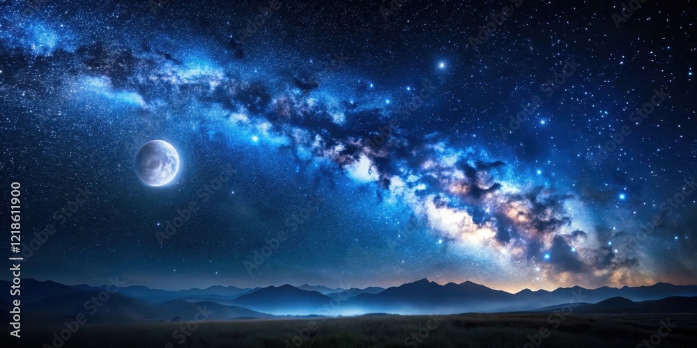 Fototapeta premium A serene and majestic view of a moonlit landscape with a vast expanse of stars and galaxies, set against a deep blue-black night sky , dark sky, moonlight