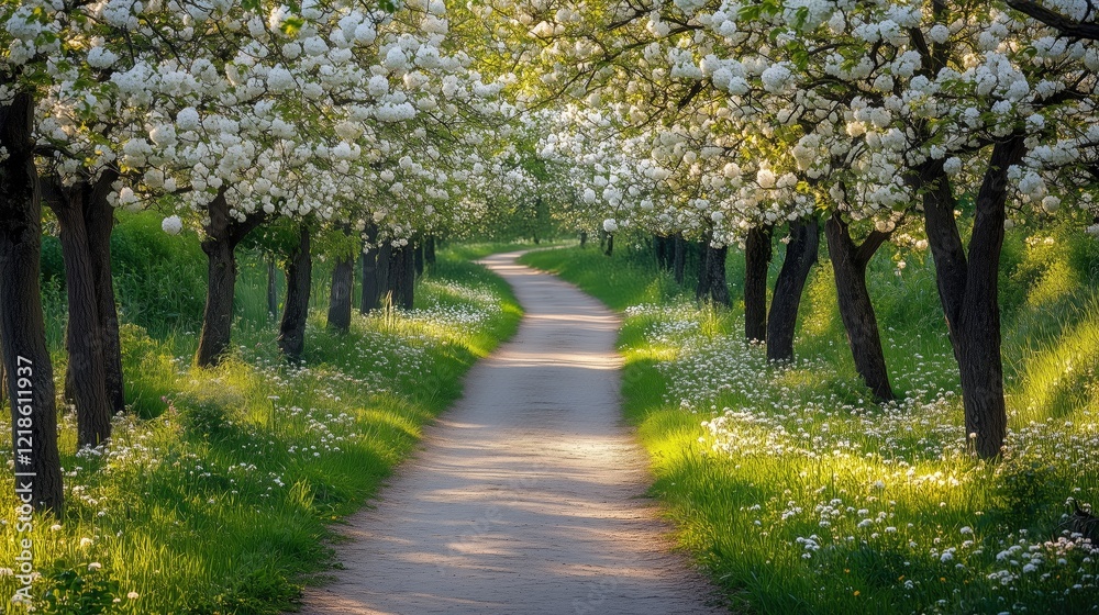 Naklejka premium Path through a forest with trees in full spring bloom - generated AI