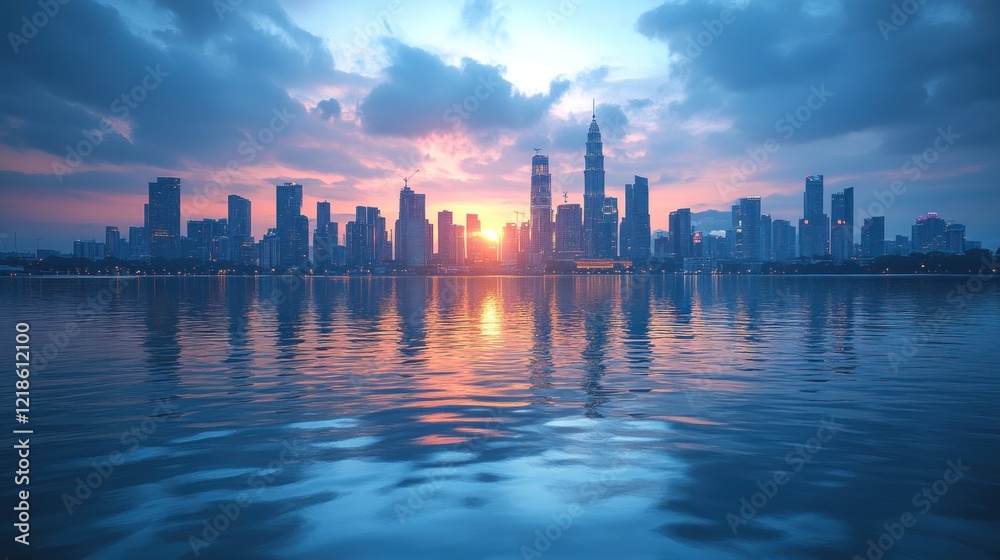 Obraz premium City skyline sunset reflection on water