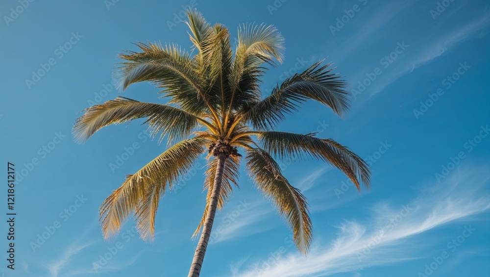 Tropical palm trees sway against a vibrant blue sky, evoking summer vacation paradise Tropical palm trees sway against a vibrant blue sky, evoking summer vacation paradise