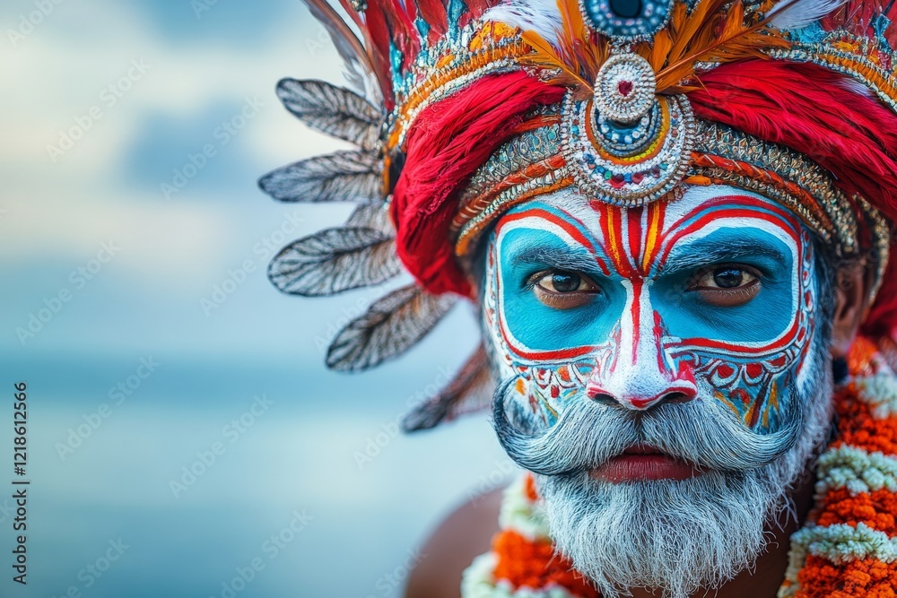 Fototapeta premium Traditional performer with vibrant face paint and ornate headdress at a cultural festival near the coast during sunset