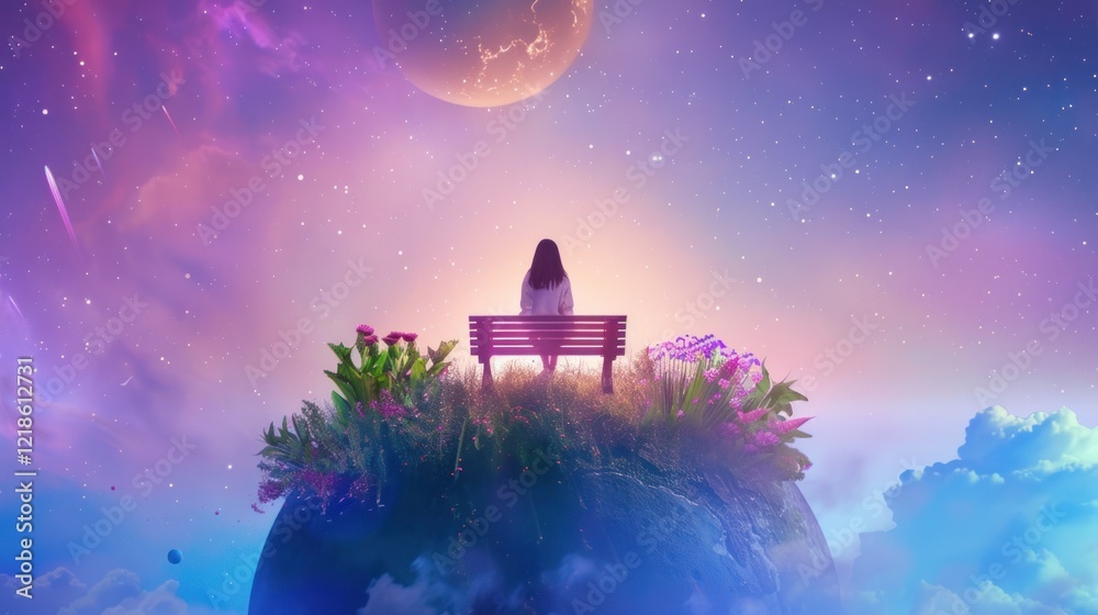 Naklejka premium Mystical Figure On Lush World Beneath Celestial Lights