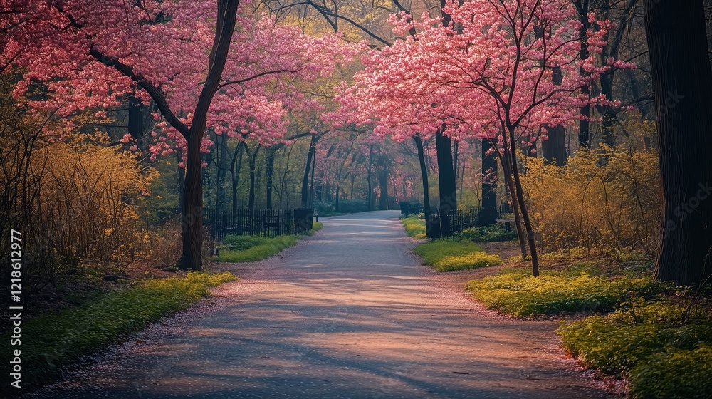 Naklejka premium Path through a park with trees blooming on either side - generated AI
