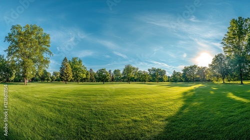Sunny Green Golf Course Landscape with Lush Grass