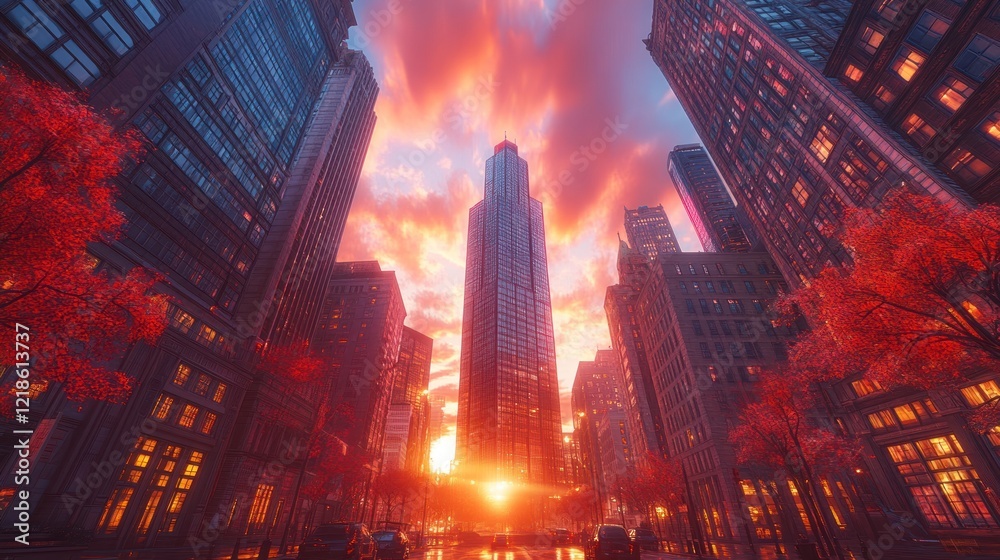 Fototapeta premium City Sunrise, Urban Skyline, Dramatic Sunset, Skyscrapers, Illuminated Buildings, Autumn Trees, Street View