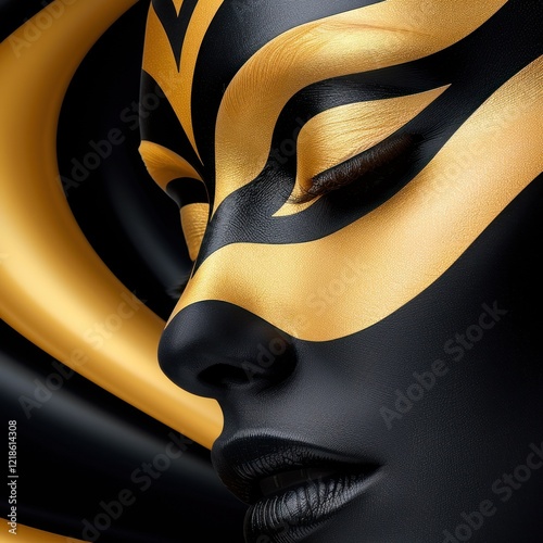 Striking Black And Gold Face Art Emphasizing Elegance photo