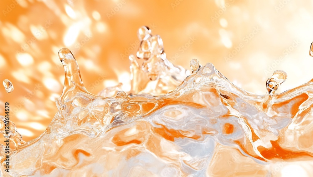 Close-up of splashing water droplets against a soft orange background Close-up of splashing water droplets against a soft orange background