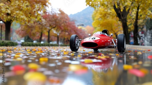 Classic red racecar autumn leaves wet road