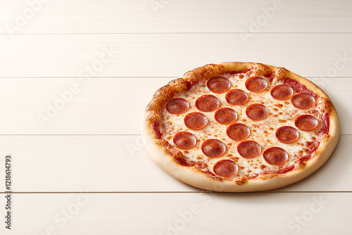 Perfectly baked pepperoni pizza on rustic wooden table, space for text photo