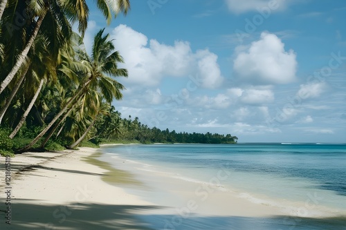 A tranquil beach background featuring soft golden sand and calm blue waters, overgrown with tall coconut trees on the left and right also lit by a clear blue sky with clouds adding to the tropical cha photo