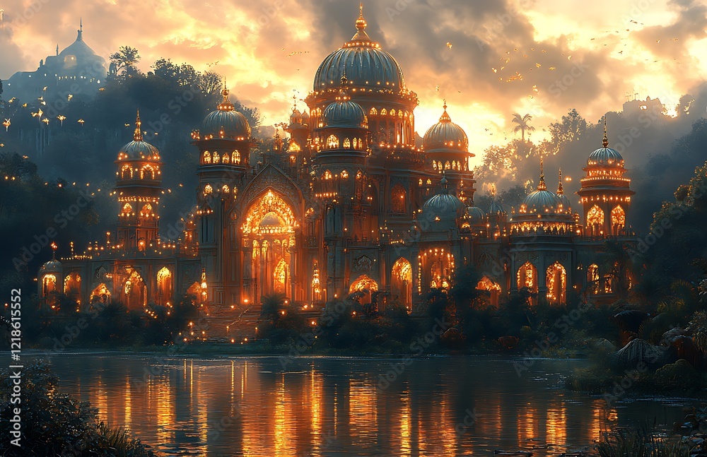 Fototapeta premium Illuminated palace complex by river at dusk with reflections on water and cloudy sky