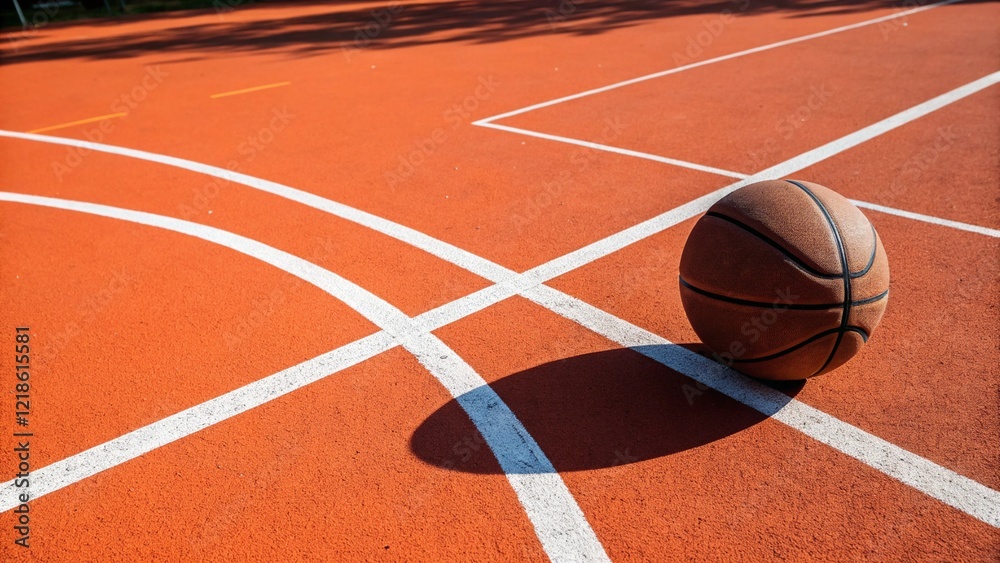 Basketball in the center of an orange outdoor court Basketball in the center of an orange outdoor court
