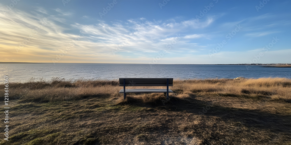 Serene landscape with tranquil bench and water Serene landscape with tranquil bench and water