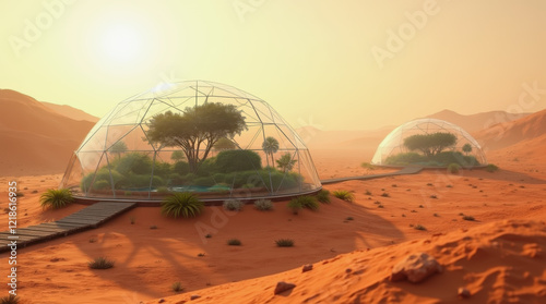 Structures resembling domes are nestled in a sandy, Martian environment under a warm sunset. Each dome contains greenery, suggesting efforts to support life on Mars photo