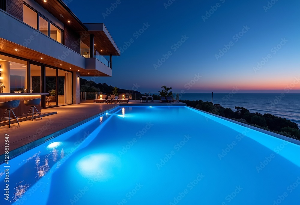 Fototapeta premium Opulent Sunken Bar: Electric blue dusk over beachview pool; conveying luxury, relaxation, and tranquil vacation at a high-end resort, ideal for travel advertisements and destination promotions.