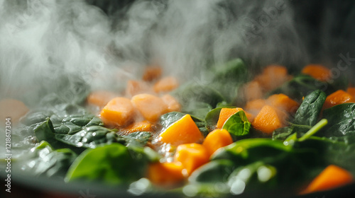 Detailed close-up of vegetables boiling photo