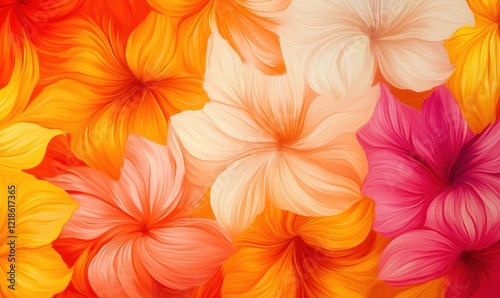 Vibrant Floral Pattern with Colorful Hibiscus Flowers in Shades of Orange, Yellow, Pink, and White