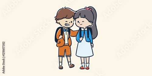 入学式にランドセルを背負って微笑み合う仲のいい男の子と女の子の友達のシンプルでかわいいイラスト