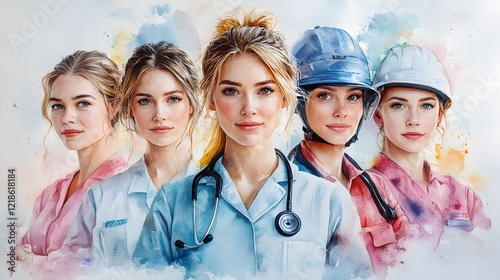 watercolor design of group of different professions women. international women's day