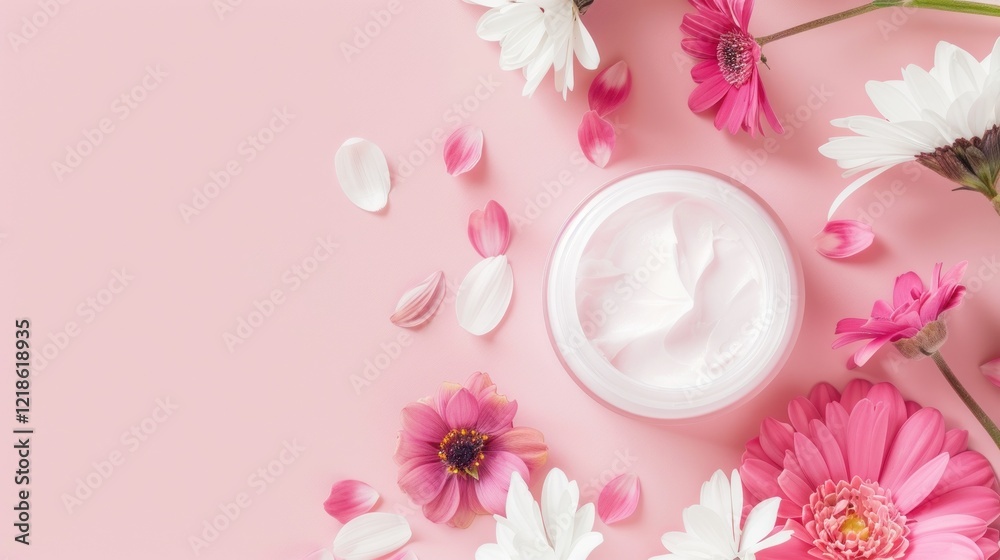 Moisturizing Cream Among Vibrant Pink Flowers Display Moisturizing Cream Among Vibrant Pink Flowers Display