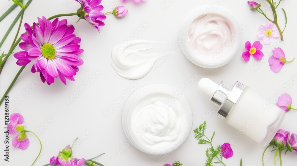 Skincare Essentials And Flowers In Vibrant Setting Skincare Essentials And Flowers In Vibrant Setting