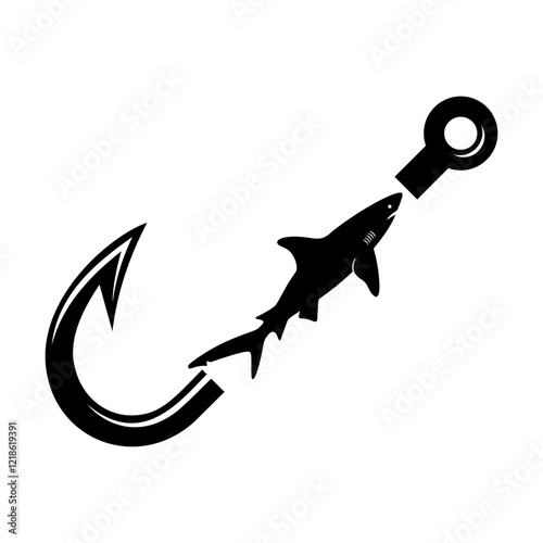 Fish hook with shark svg cut file. Isolated vector illustration.