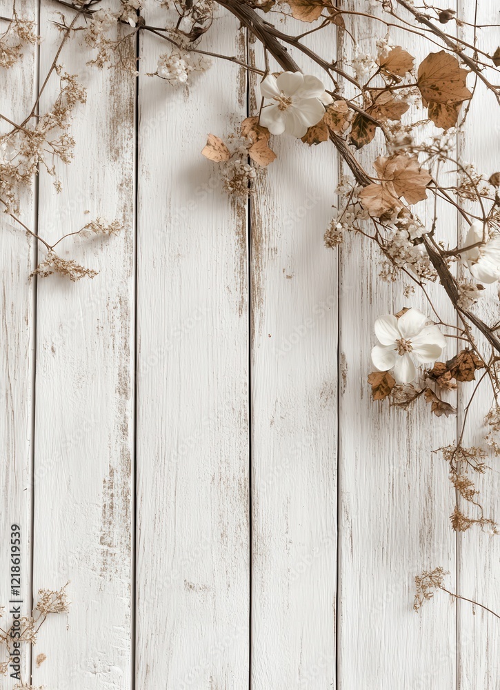 Fototapeta premium Elegant Composition of Dry Flowers and Twigs Against a White Wooden Background, Showcasing Natural Beauty and Rustic Charm in Interior Design Aesthetics