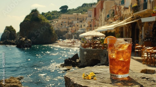 Coastal Italian Aperol Spritz overlooking beach town