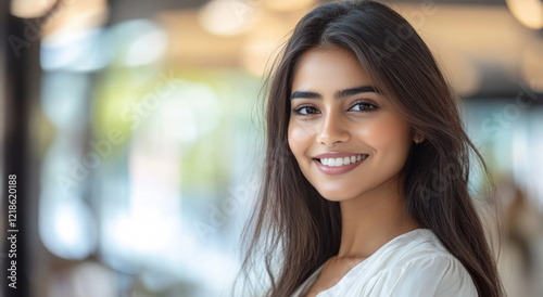 A young woman with long, dark hair beams with happiness and confidence while looking directly at the camera. The indoor background offers a warm and inviting atmosphere.