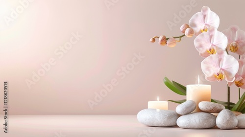 Pink Orchids With Candles On Smooth Stones Display