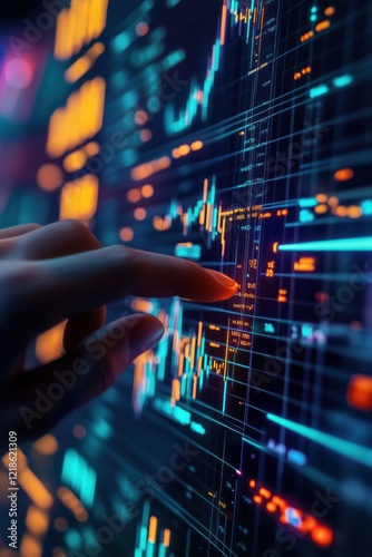 Stock market analysis with digital interface, finger pointing at financial data, vibrant colors, trading graphs, technology, investment insights photo