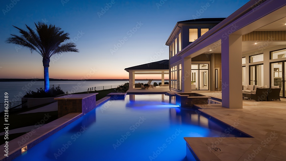 Luxury Waterfront Home with Swimming Pool at Sunset Luxury Waterfront Home with Swimming Pool at Sunset