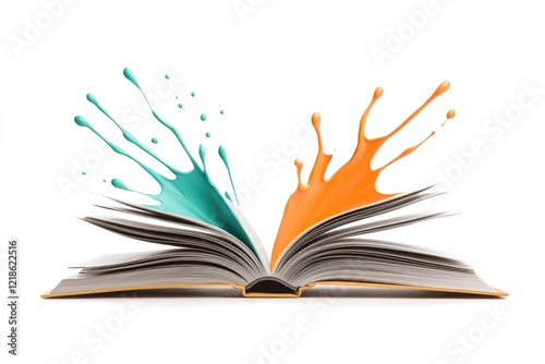 Colorful paint splashes emerge from an open book, symbolizing cr