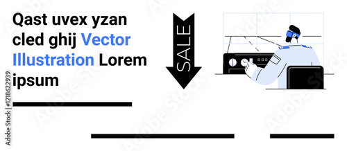 Headset-wearing man at a workstation, SALE arrow, and text elements. Ideal for customer service, tech support, business strategy, sales training, advertisements, website banners, and tech blogs