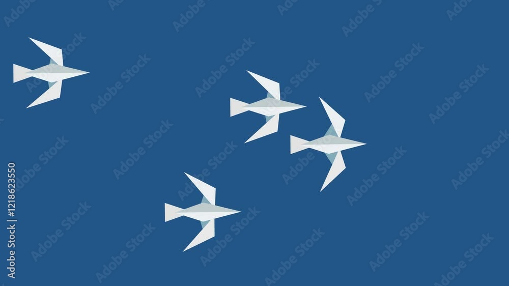 Four white origami birds are flying together in formation on a blue sky background, with minimalist design Four white origami birds are flying together in formation on a blue sky background, with minimalist design