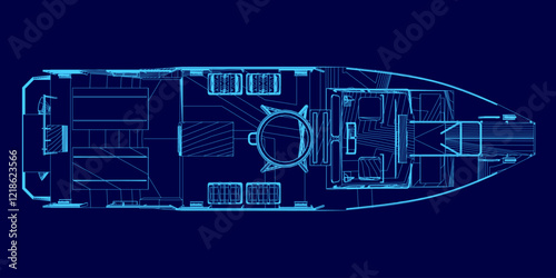 Blue boat is shown in a stylized way. The boat is a large, modern design with a sleek, streamlined appearance. The blue color of the boat gives it a sense of calmness and serenity