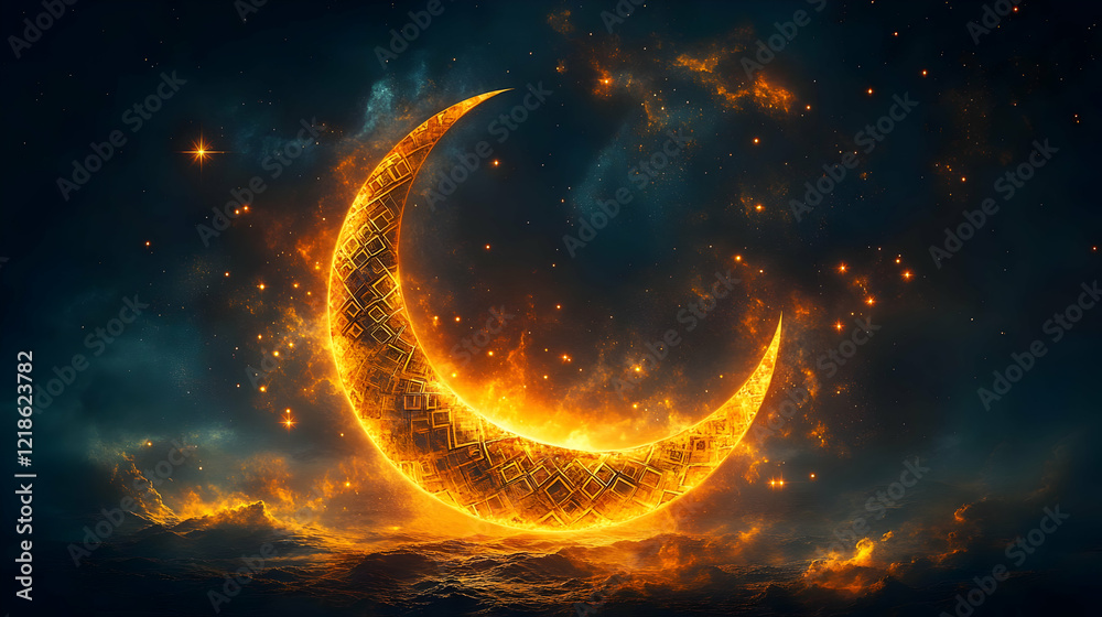 Obraz premium Fiery Crescent Moon in a Starlit Night Sky