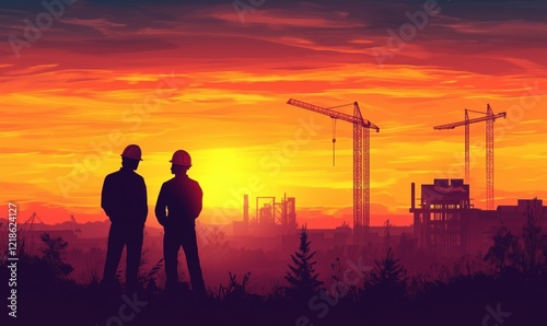 Wallpaper Mural Construction workers silhouetted against vibrant sunset with cranes and industrial skyline Torontodigital.ca